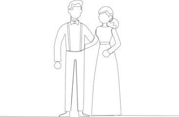 A couple celebrating their wedding. Wedding one-line drawing
