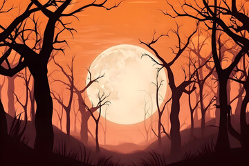Spooky Forest With Full Moon on Orange Background: AI Generated Image