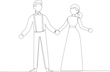 Happy couple on their wedding. Wedding one-line drawing