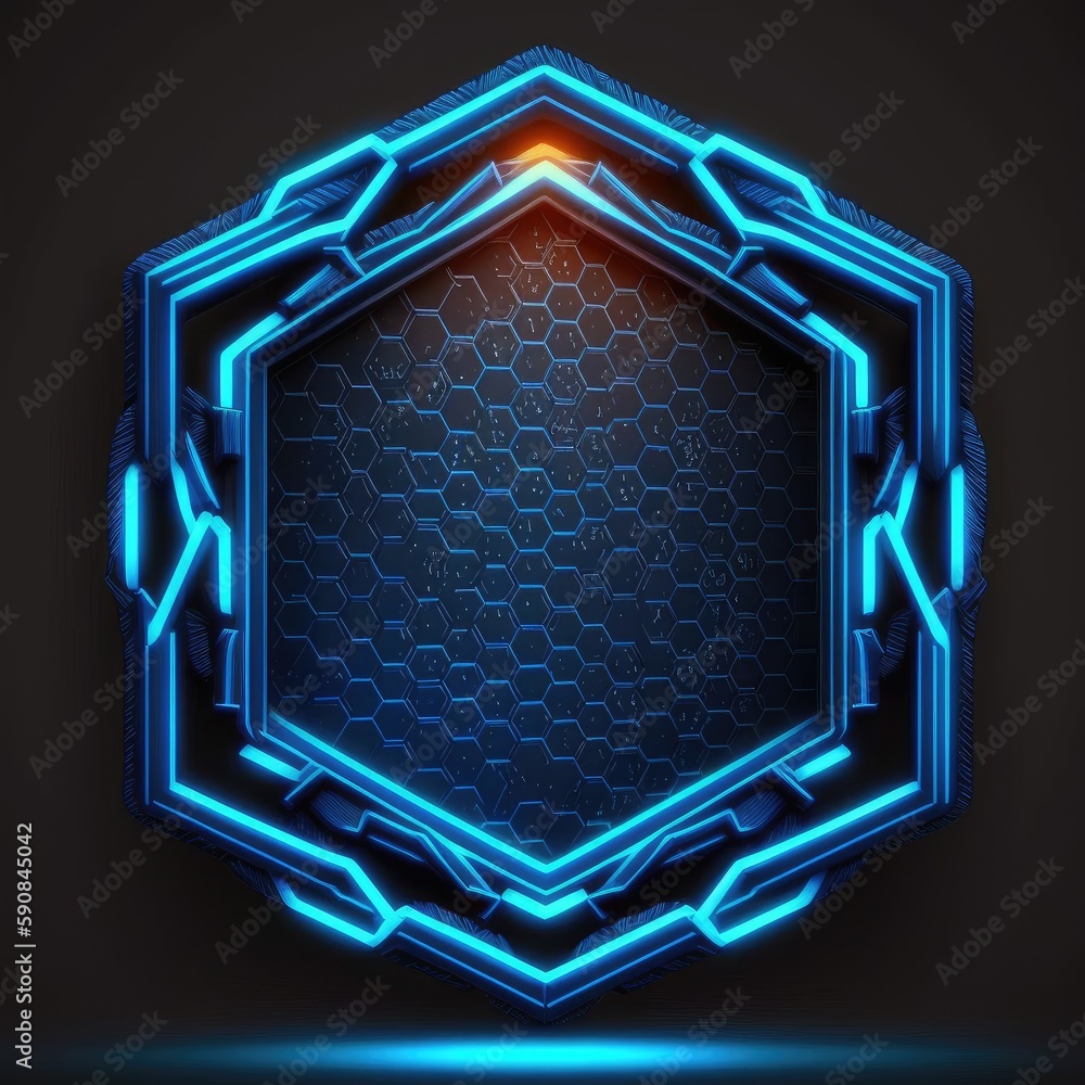 Poster abstract of glowing futuristic hexagon frame illuminated with neon blue color light. concept of futu