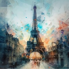 Eiffel Tower inside the town with heavily glitched watercolors