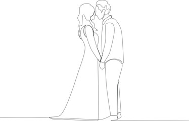 A couple kissing while holding hands. Wedding one-line drawing