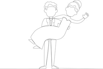 A groom carrying a bride during a wedding. Wedding one-line drawing
