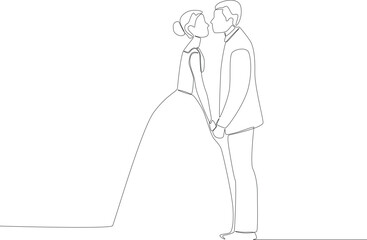 A couple holding hands while looking at each other. Wedding one-line drawing