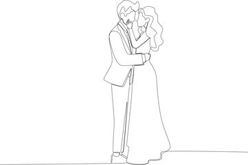 Bridal couple getting ready to kiss at her wedding. Wedding one-line drawing