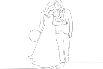 A romantic couple walking while carrying a bouquet. Wedding one-line drawing