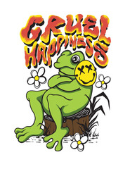 Cruel Happiness slogan print design with a frog  with a happy mask