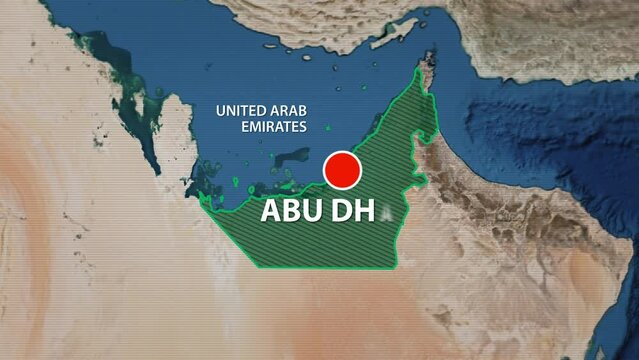 Designation of the borders of United Arab Emirates on the map and the mark of the location of the city of Abu Dhabi
