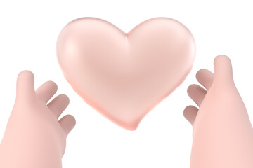 two hands holding a heart shaped object in the air ,3D illustration.