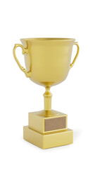 a golden trophy cup on a gold pedestal with a plaque on it's side and a plaque on the bottom, a digital rendering, 3D illustration.