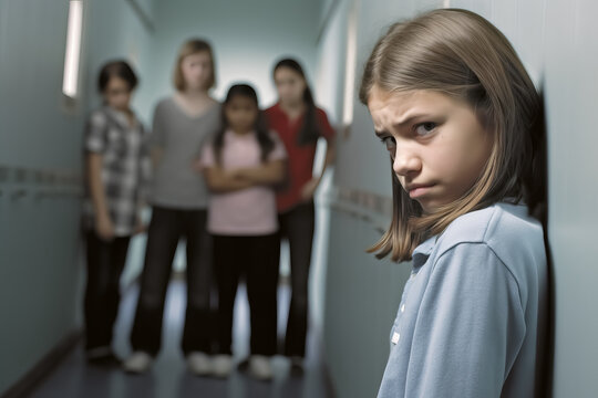 NI&Ntilde;A SIENDO ACOSADA POR UN GRUPO DE NI&Ntilde;OS. BULLYING ESCOLAR. ILUSTRACION. COLOR. IA GENERATIVA. HORIZONTAL
