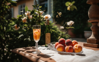 A Bellini cocktail in a sunlit garden, with fresh peaches on the table, offers a picturesque summer refreshment.
