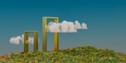 a green hill with two yellow frames and a cloud in the sky above it, and a green hill with flowers and grass, 3D render, surrealism - 590846456
