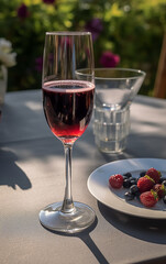A casual outdoor table set with a glass of Kir Royale, complete with a side of ripe berries, invites a moment of relaxation.