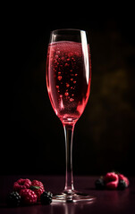Bubbles rise in a glass of Kir Royale against a dark background, with raspberries nearby, crafting a scene of sparkling indulgence.