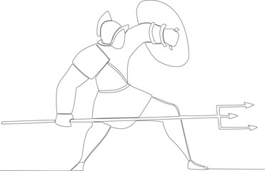 A warrior fighting with a spear and shield. Ancient warrior one-line drawing
