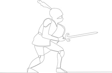 An ancient warrior directs his sword against an opponent. Ancient warrior one-line drawing