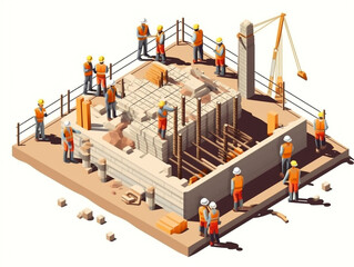 Obraz premium Illustration of the construction site during daytime. Isometric view cartoon style on white background. Construction workers are busy doing their job. 