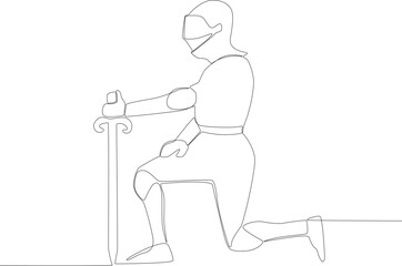 A soldier kneeling while holding a sword. Ancient warrior one-line drawing