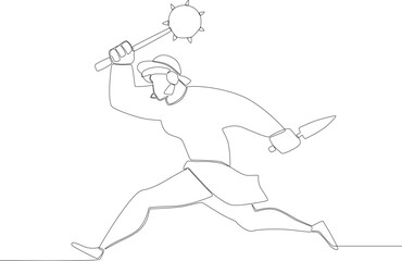 Fototapeta premium A warrior ran to fight with an ancient weapon. Ancient warrior one-line drawing