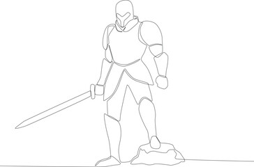 A soldier stood stepping on a stone. Ancient warrior one-line drawing