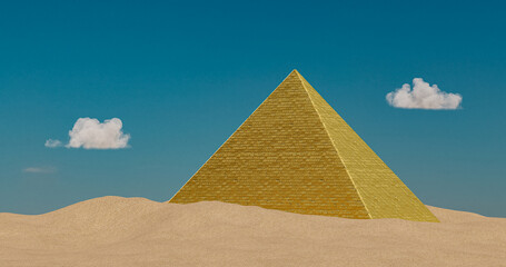 a pyramid in the sand with a sky background and clouds in the background, with a few clouds in the sky, 3D illustration.