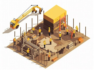 Illustration of the construction site during daytime. Isometric view cartoon style on white background. Construction workers are busy doing their job. 