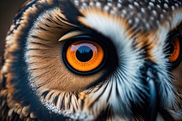 close up of an owl with captivating orange eyes. Generative AI