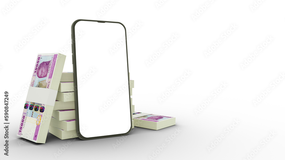 Poster 3d rendering of a mobile phone with blank screen and stacks of central african cfa franc notes behin