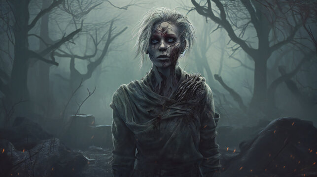 Female Zombie Illustration, Foggy Graveyard, Creepy and Mysterious, Generative AI
