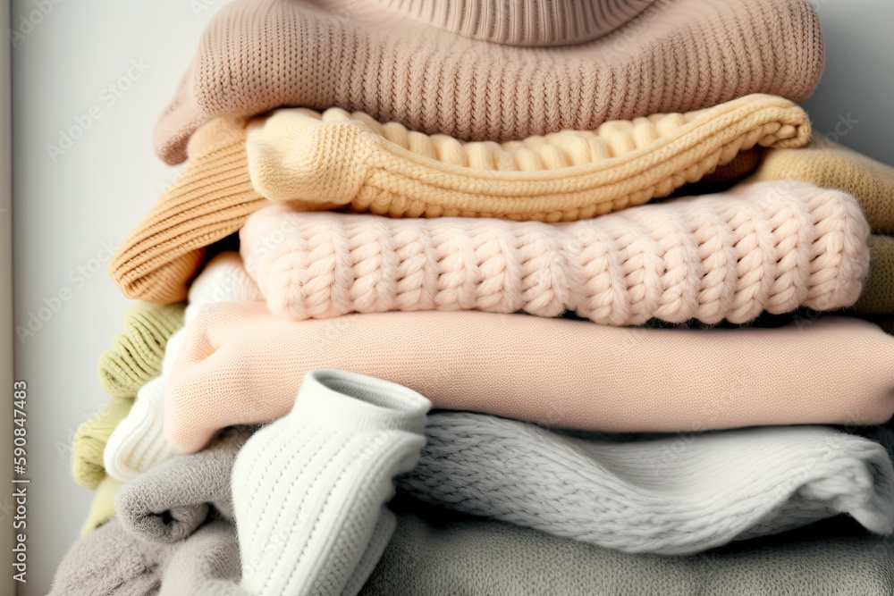 Aufkleber pile of colorful sweaters neatly stacked on top of each other. generative ai