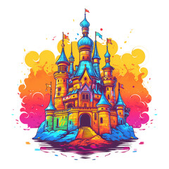 A very colorful portrait of a beautiful cartoon castle.