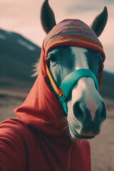 Hipster funny horse take selfie photo, funny antrophomorfic animals, Generative AI