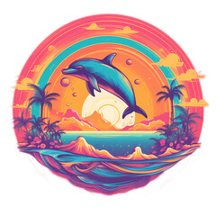 Fototapeta na wymiar A very colorful portrait of a cartoon dolphin jumping over a sunset