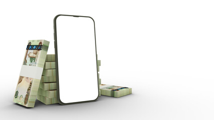 3D rendering of a mobile phone with  blank screen and stacks of United Arab Emirates dirham notes behind isolated on transparent background.