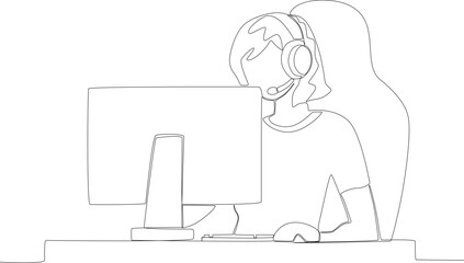 A woman playing online games on a computer. Online gaming one-line drawing
