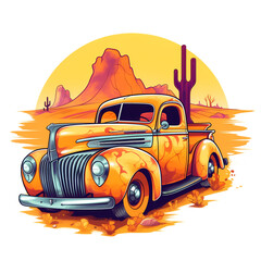 A very colorful portrait of a Classic Car in a Desert Setting