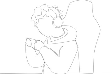 A curly hair man playing online games with his cellphone. Online gaming one-line drawing