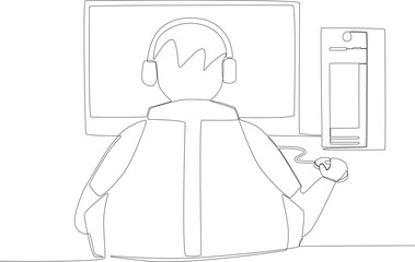Back view of a gamer playing in the game room. Online gaming one-line drawing