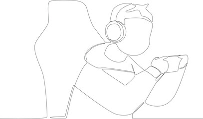 A boy playing online games using a headset and cellphone. Online gaming one-line drawing