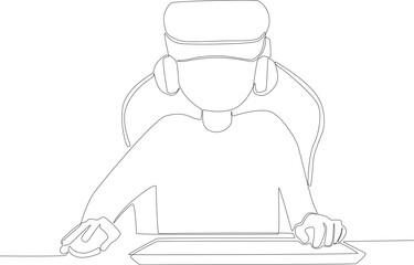 A boy playing online games on the internet. Online gaming one-line drawing