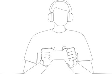 A young man uses a headset and play station to playing games. Online gaming one-line drawing