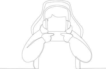 A boy watches a video game at close range. Online gaming one-line drawing