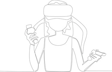 A woman playing games with virtual reality technology. Online gaming one-line drawing