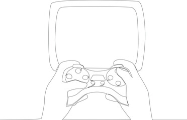 Hands play games using play station. Online gaming one-line drawing