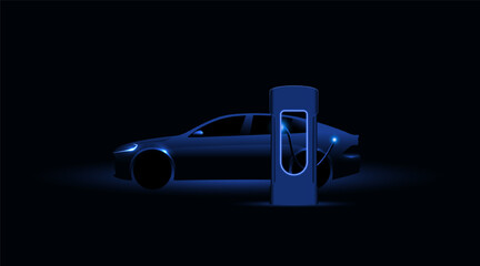 Electric car charging at the charging station. Electric vehicle concept. Vector illustration.
