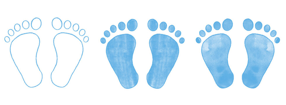 Hand drawn newborn baby footprint vector illustration set pencil crayon and watercolor paint ink texture blue boy male gender reveal announcement baby shower transparent png jpeg