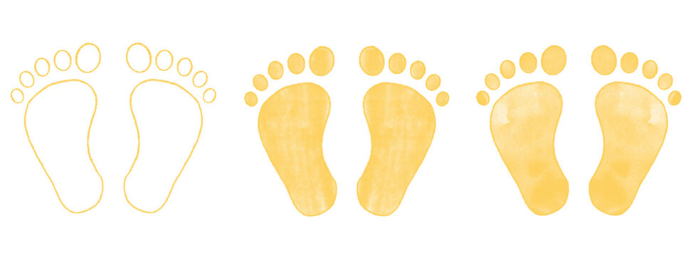 Hand drawn newborn baby footprint vector illustration set pencil crayon and watercolor paint ink texture yellow gender neutral reveal announcement baby shower transparent png jpeg