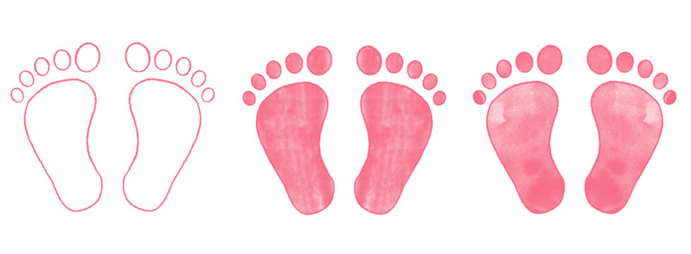 Hand drawn newborn baby footprint vector illustration set pencil crayon and watercolor paint ink texture pink girl female gender reveal announcement baby shower transparent png jpeg
