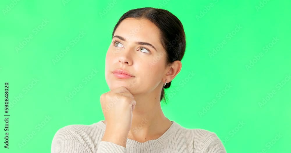 Canvas Prints Face, idea and option with a woman on a green screen background in studio to consider a decision. Thinking, emoji and doubt with an young female person looking thoughtful in her mind on chromakey